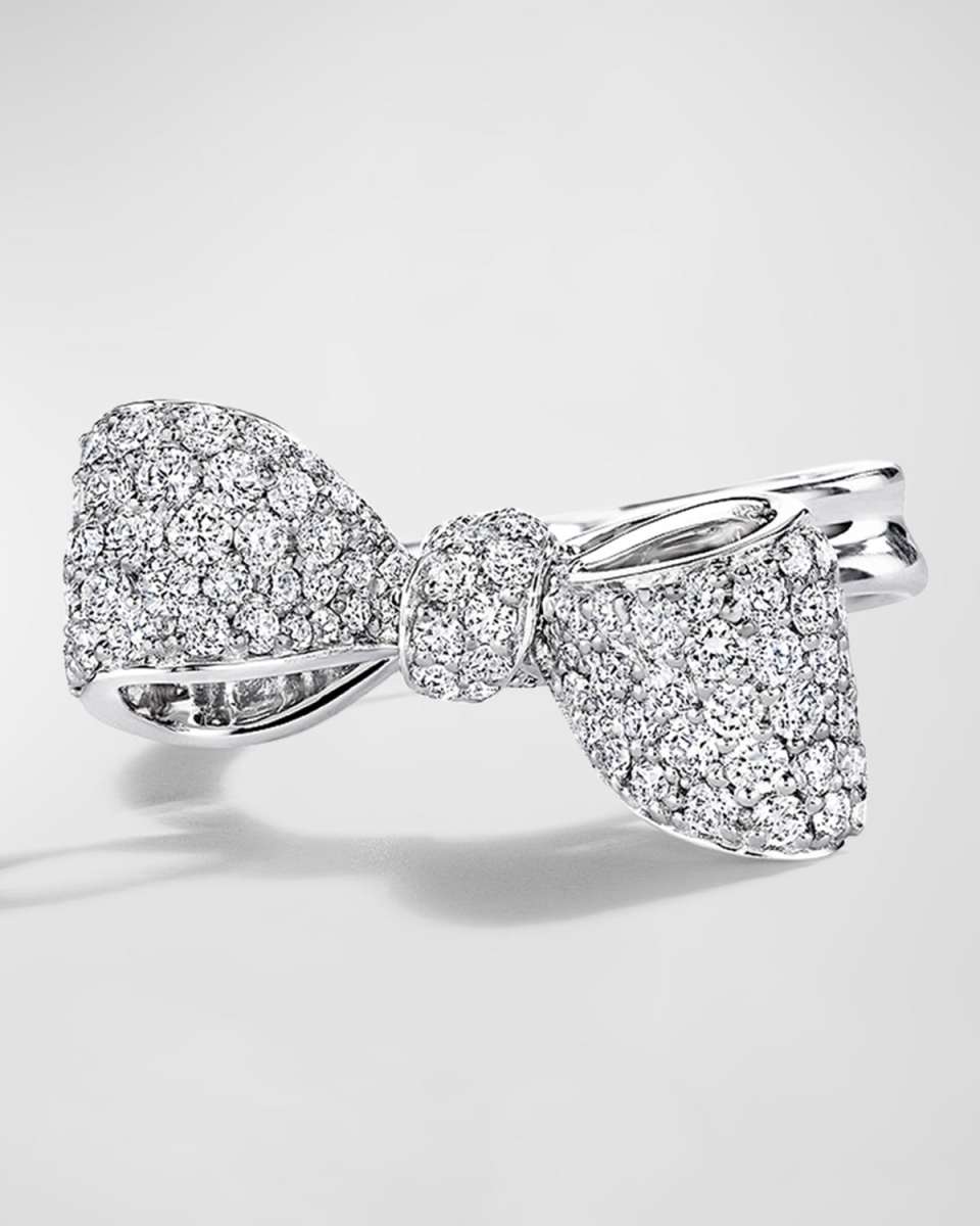18K White Gold Small Bow Ring with Diamonds, Size 6